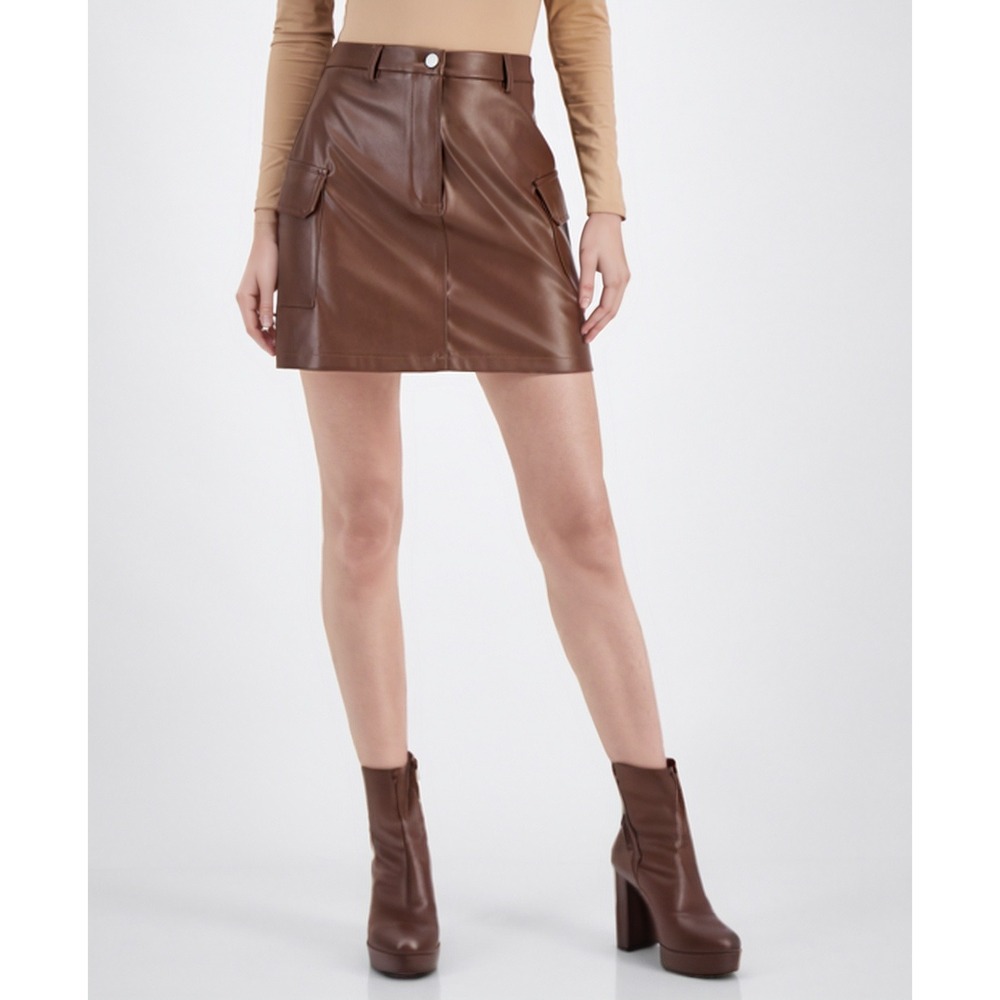 And Now This Mini Skirt Womens Small Brown Faux Leather Cargo Pockets Trendy NWT